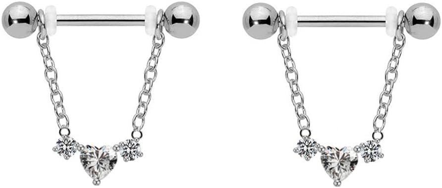 Niaspi14G Love Heart Tassel Chain Nipple Bars Rings for Women 316L Stainless Steel CZ Bezel Huggie Valentine's Day Dangle Nipplering Barbell Studs Rings Dainty Nipple Body Piercing Jewelry