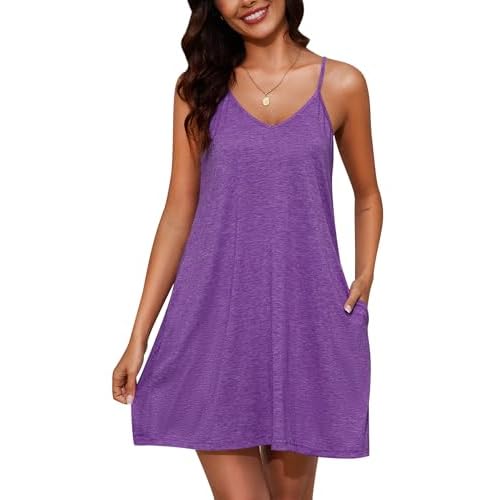 Marvmys Womens Cotton Sleeveless Nightgown Spaghetti Strap V Neck Full Slip Sleep Dress with Pockets Purple Small
