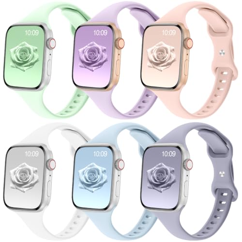 Image of 6 Pack Thin Slim Soft Silicone Bands Compatible with Apple Watch Women Men | 38mm 40mm 41mm 42mm 44mm 45mm 46mm 49mm, Waterproof Lightweight Strap for iWatch Series 11 /10 /9 /8 /7 /6 /5 /4 /3 /2 /1 SE Ultra