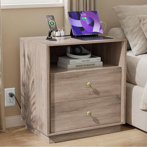 Image of Nightstand with Charging Station Set of 2, Wide Bedside Table with 2 Storage Drawer and Open Wood Shelf, Night Stand for Bedroom, Side Table, End Table, Grey