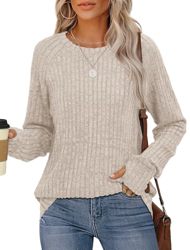Image of Saloogoe Women's Long Sleeve Top Crewneck Basic Lightweight Fall Shirt with Thumb Hole
