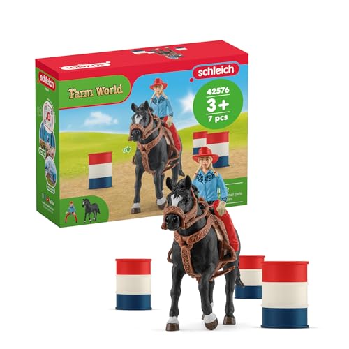 Schleich Farm World - 7PC Barrel Racing Set - Western Rodeo Toy Playset with Cowgirl Figurine, Horse Figure and Accessories - Realistic Farm Toys for Boys and Girls - Kids and Toddlers Ages 3+ | 42576