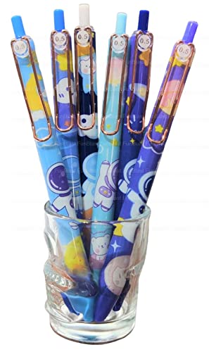 FunBlast Gel Pens For Writing, Cartoon Design Lightweight Gel Pen With Comfortable Grip For Extra Smooth Writing, Stationery For School & Office, Birthday Return Gift (6 Pcs) Blue Ink (Space Robot)