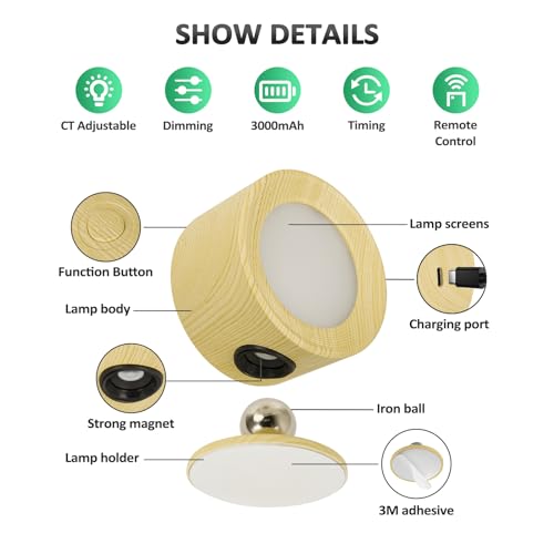 Image of Racokky LED Wall Mounted Lights 2 Pcs with Remote, Wall Sconces Lamp 3000mAh Rechargeable Battery Operated, 3 Color Temperatures & Dimmable Magnetic 360 Rotation Cordless Light for Bedroom Reading