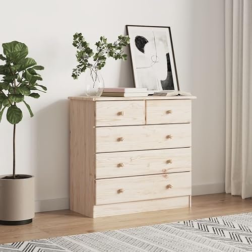 Mangloder ALTA - Cómoda de madera de pino maciza, 77 x 35 x 73 cm, 5 cajones, para dormitorio, salón, pasillo, con pomos de madera y espacio de almacenamiento