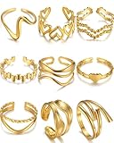 BETTY&SARAH 9PCS Gold Rings for Women Non Tarnish, 18K Gold Plated Chunky Adjustable Stackable Rings, Open Stacking Knuckle Ring Set Gifts