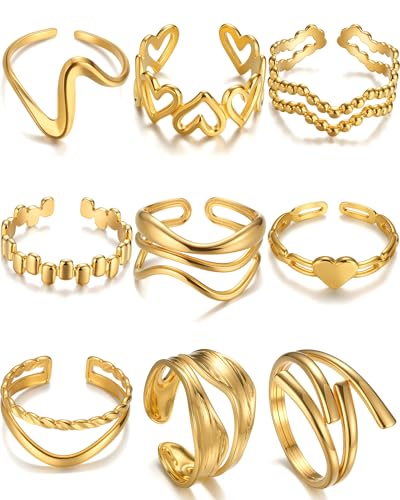 BETTY&SARAH 9PCS Gold Rings for Women Non Tarnish, 18K Gold Plated Chunky Adjustable Stackable Rings, Open Stacking Knuckle Ring Set Gifts