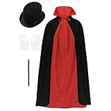 renvena Kids Boys Magician Deluxe Set Cloak Cape with Hat Gloves and Wand Circus Magic Show Outfits Black&Red One Size