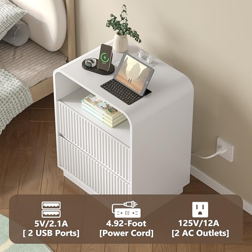 Image of BORNOON Dresser with 2 Drawers and Charging Station, Fluted Bedside Table with Round Curved Corner, Hidden Handles, 2 AC Outlets and 2 USB Ports, Modern Wood End Table with Open Shelf for Bedroom