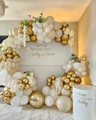Image of First Communion Balloon Garland Kit 153Pcs, Baptism Balloon, White Sand Gold Nude Bautizo Balloons Arch Kit for First Holy Communion Baptism God Bless Christening Party Birthday Supplies