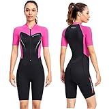 YuanDiann Herren Damen Dünn Neoprenanzug Shorty, Kure Ärmel Drucken Sommer Schnorcheln Schwimmen Surfanzug Badeanzug, Sonnenschutz-Nylonoberteil, 1,5 mm Thermo Neopren Shorts Tauchanzug Damen Rosa L