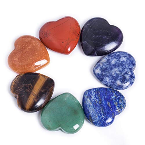 AMOYSTONE 7pcs Heart Stones Reiki Healing Chakra Natural Crystal Tumbling Puffy Heart Stone 30mm for Balancing Meditation Making Pendant