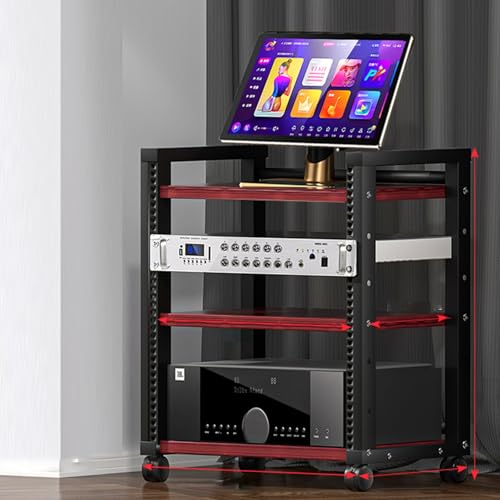 4-poziomowy stojak na nośniki audio, wytrzymały stojak na komponenty audio, stojący stojak na audio, rozrywkowe stojaki na komponenty stereo, szafka Av do kina domowego, do salonu, ciemny tek, 52,5 x