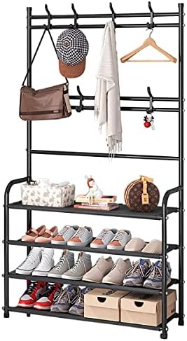 WEECRON Entryway Shoe Rack 4 Tier Shoe Shelf Storage Organizer with Hooks for Bedroom Closet, Black