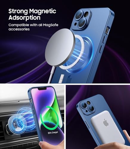 Image of DIZORO Magnetic Case for iPhone 13 / iPhone 14 Cover [Compatible with MagSafe][Built-in Camera Lens Protector] Slim Soft Silicone Bumper Shockproof Metallic Luster Back Cover Phone Cases (Blue)