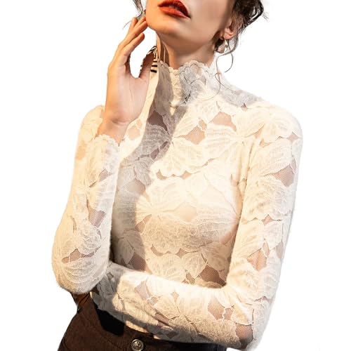 QiuDumo Women Spring Romantic Sexy See Thru Chic Lace Top Boho Bodycon Openwork Formal Office Lacy Outfit L White