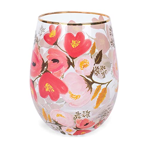 Mary Square 29185 Pink Peony Floral Gold Foil 8 Ounce Glass Stemless Wine Tumbler Drinking Glass For Wine And Spirits #TOP12