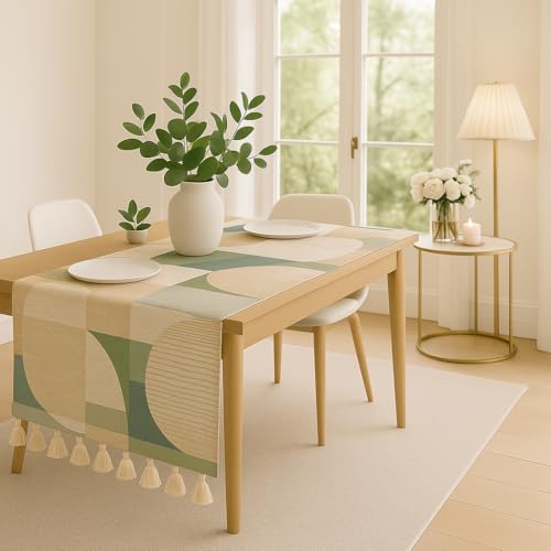WWW.THROWPILLOW.IN Abstract Harmony Print Tassel Table Runner 14x90 Inches |Fits 6.5 Feet TV Unit Cabinet,Center Table,Coffee Table,Dining Table, Dresser,Entry Console,Credenza|