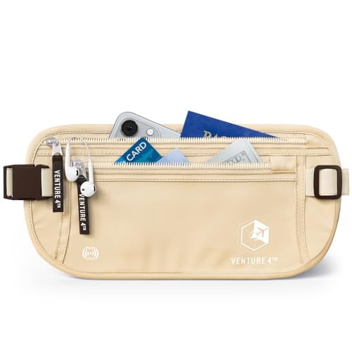 VENTURE 4TH Money Belt for Travel – Hidden Under-Clothes RFID Blocking Passport Holder & Slim Travel Wallet Pouch for Men & Women to Protect Cash, Cards & Documents (Beige)