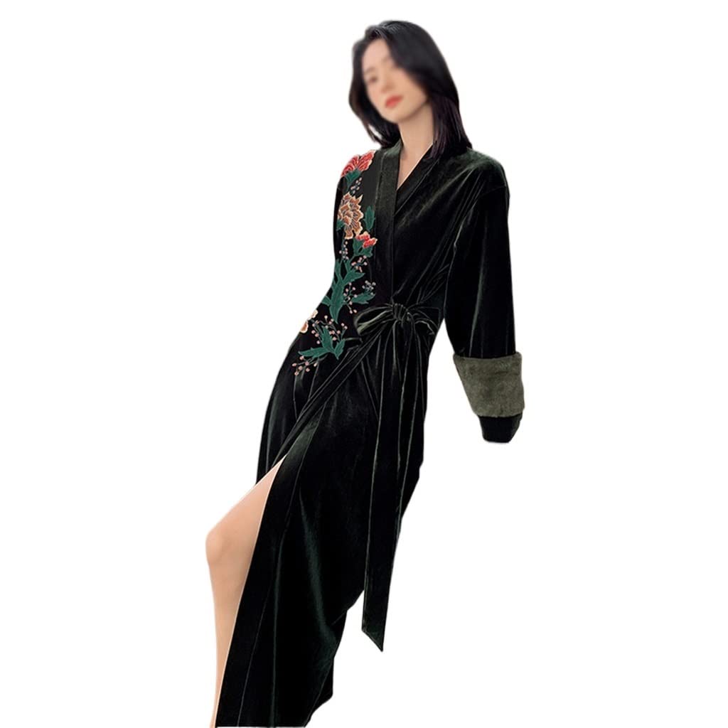 RWRAPS Pijama de Terciopelo Bordado para Mujer Kimono Bata Solapa Albornoz de Gran tamaño Camisón (D 1)