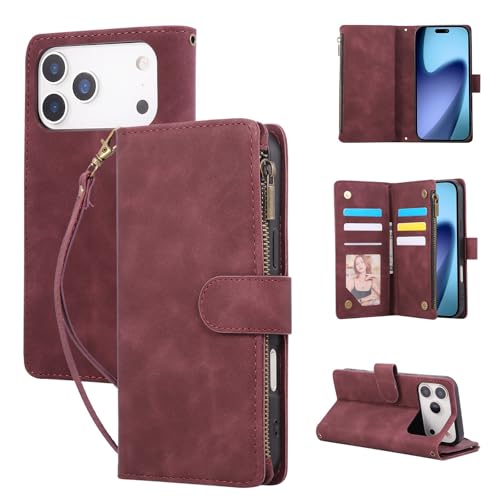 Étui pour iPhone 17 en cuir à rabat couleur rouge vin avec finitions zippées