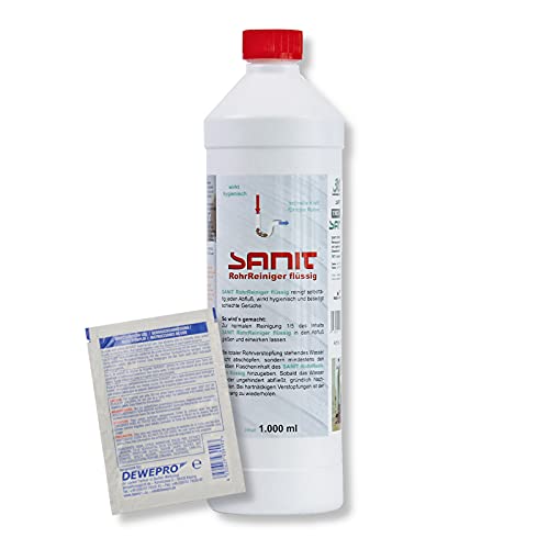 DEWEPRO-Set: SANIT RohrReiniger flüssig (3063) - Flasche à 1000ml - Hochwirksamer Rohrreiniger auf flüssiger Basis inkl. 1 St. DEWEPRO Single Scrubs