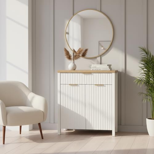 Image of Panana 2 Doors 1 Drawer Sideboard, Ribbed Style Storage Cabinet with Adjustable Shelves for Kitchen Living Room, Kitchen, Entryway (White)