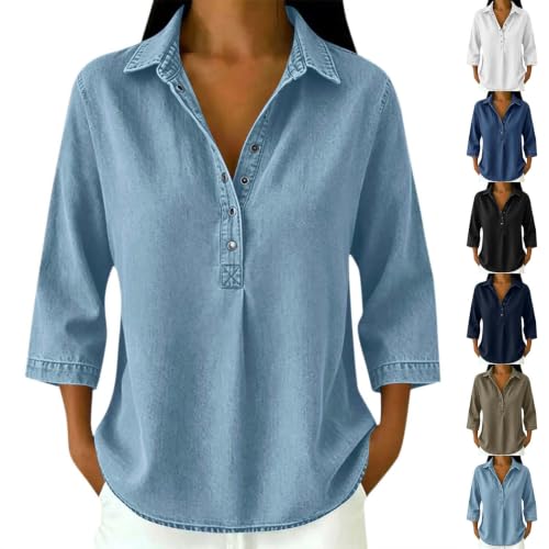 Denim Button Down Shirt Women 3/4 Sleeve Oversized Collared Jean Shirt - image 1