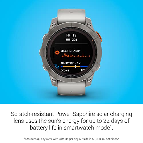 Image of Garmin Fenix 7 Pro Sapphire Solar, Silver Titanium with Fog Gray Silicone Band