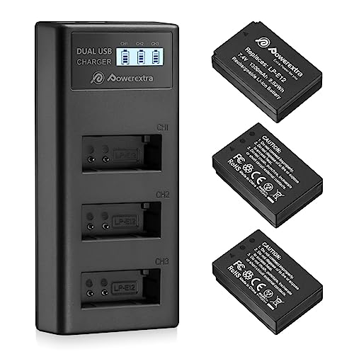 3 Pack LP-E12 Battery and USB Charger Smart LCD Display for Canon EOS M50, M50 Mark II, M, M2, M10, M100, M200, Rebel SL1, PowerShot SX70 HS Digital Cameras