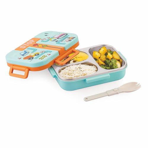 Image of ATTRO Tangy Bite Stainless Steel Lunch Box - 3 Compartment Bento Tiffin, Leak-Proof & Durable, Plastic Spoon, Ideal for Kids, School, Picnic- Orange Blue-600ml- Car Theme