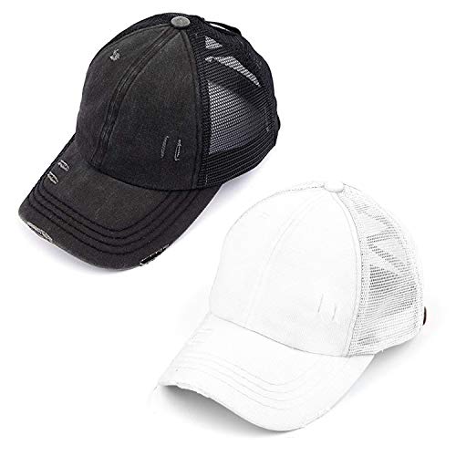 Funky Junque Women's Distressed Criss Cross Ponytail Hat Messy Bun