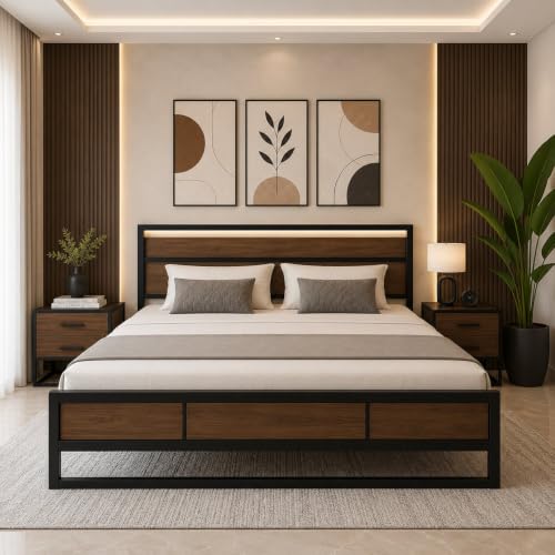 Image of King Size Metal Bed Frame with Wood Finish Headboard & Footboard | Heavy Duty Steel Platform Bed | Black Powder Coated Frame | Noise Free | No Box Spring Required | Easy Assembly