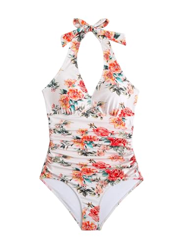 MZEAZRK One Piece Swimsuit Women Halter Backless Tummy Control Swimwear Vintage High Waisted Bathing Suit