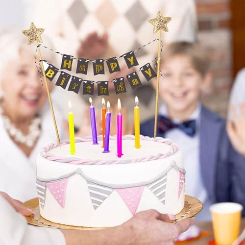 Image of Happy Birthday Cake Topper Birthday Decorations Items Black with Golden Alphabet Cardstock Banner With Ribbon For Kids(Pack of 1, Black)