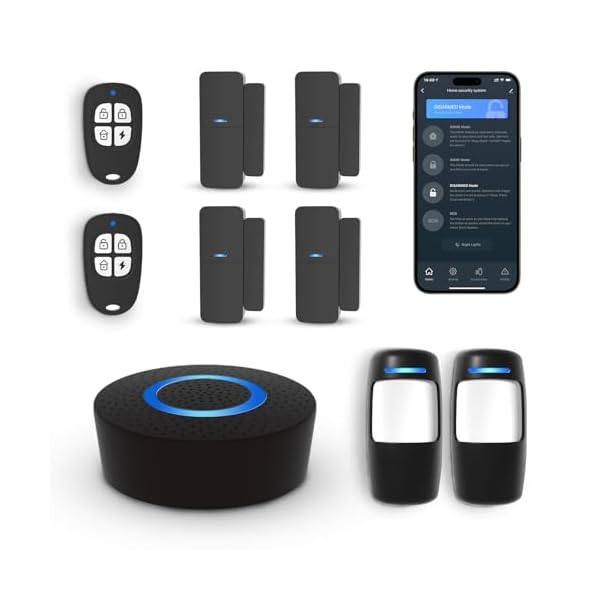 Wireless Home Alarm System 9-Piece Kit, WiFi Alarm System for Home Security with Phone APP Alert (Black Alarm Siren, Remote, Motion, and Door Sensors) for Home, Apartment, Work with Alexa