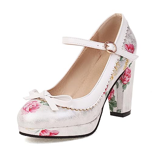 Image of FOREADA Lolita Bow Platform High Heel Women Rockabilly Mary Jane Dress Pump | Boasts soft kawaii retro vintage lolita tea party aesthetic, with block heel ,bow, round toe versatile style for dress wear