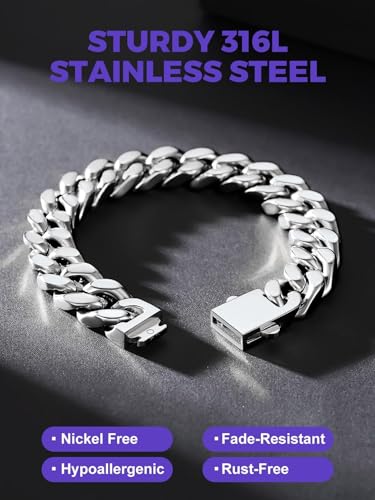 Richsteel 5/7/9/12mm Wide Miami Cuban Link Chain Bracelet for Men Women,Stainless Steel/Gold/Black Plated,7.4/8.2/9 Inch Length,Hip Hop Urban Street-wear Jewelry(Gift Wrapped)3