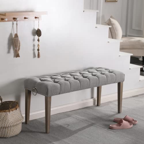 Heah-Yo Modern Velvet Tufted Bench, 18" Seat Height Ottoman Dining Bench With Pull Rings And Nailhead Trim, Upholstered Linen Fabric Footstool For Entryway Bedroom Kitchen Dining Table, Grey #TOP1