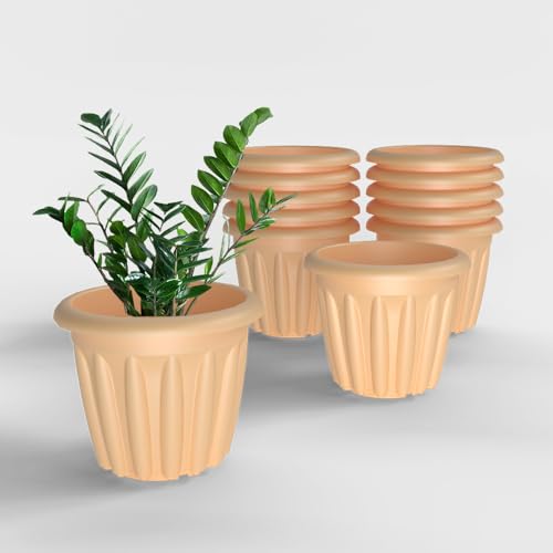 Image of YUCCABE ITALIA SHERA Floot Plastic Flower Pot Round Planter Suitable for Indoor Outdoor Kitchen Garden (Beige, 10 INCH - 12 Pcs)