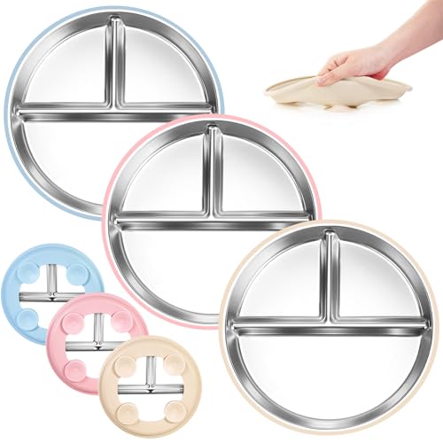 Image of Bella's Friends Stainless Steel Baby Plates with Suction 3 Pack, 9” Divided Toddler Plates with Removable Silicone Sleeves for Mess-Free Feeding, Non-Toxic, Non-Slip, Dishwasher Safe, Beige,Pink,Blue