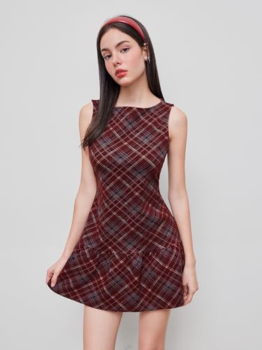 CIDER Mini Dress A Line Plaid Ruffle Hem Sleeveless Low Waist Boat Neck Dress Party Casual Date4