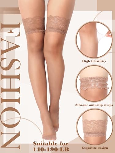 Image of Bencailor 4 Pairs Fishnet Thigh High Stocking for Women Silicone Lace Top Sheer Over Knee High Silky Stockings