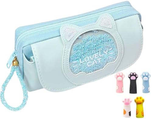HODAKy ペンケース きらきら 筆箱 かわいい おしゃれ 文房具 小学生 女の子 入学祝い 猫 (ブルー) 可愛い猫足鉛筆キャップ5本付き