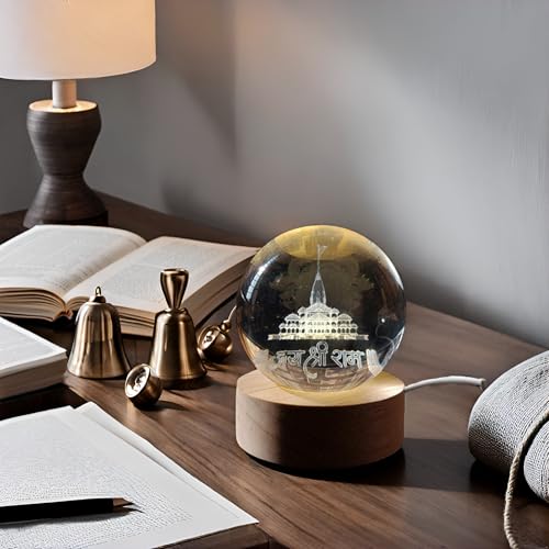 Image of 3D Crystal Ball Night Light with Wooden Base, Aesthetic Clear LED Lamp for Home and Bedroom Touch Switch, Warm Light for Kids and Teens Perfect Birthday & Anniversary (Shree Ram Mandir)