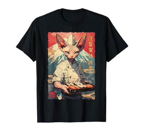Funny Kawaii Japanese Food Anime Art Sphynx Cat Sushi Chef T-Shirt