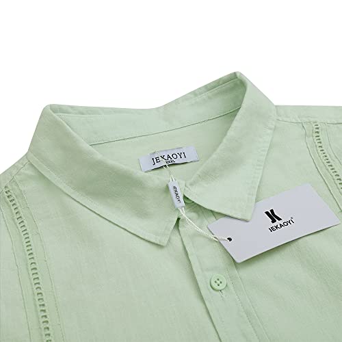 Image of JEKAOYI Mens Casual Linen Cotton Button Down Short Sleeve Shirts Cuban Camp Guayabera Beach Tops