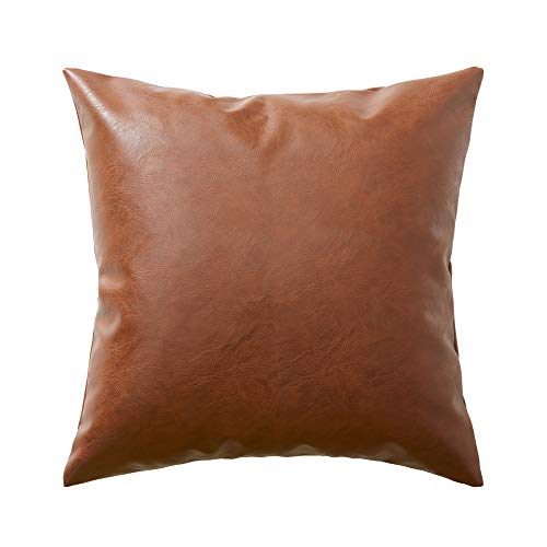 Image of Fancy Homi Faux Leather Boho Decorative Throw Pillow Covers, Thick Modern Solid Square Cushion Case Set for Couch Sofa Bedroom Car Living Room (20x20 Inch /50x50 cm, Cognac Brown) (20 inchx20 inch, Brown),