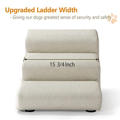 Senneny Imitation Linen Faux Leather Dog Stairs, For Pets Up To 150 Lbs, Waterproof, Scratch Resistant Pet Steps/Stairs With High Density Foam And Detachable Wooden Legs, Light Beige Linen, 3 Step #TOP2