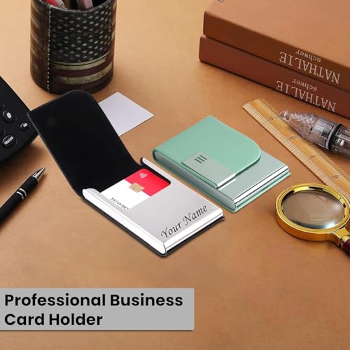 Image of Felstar Customised /Personlised Name Engraved Pu Leather & Metal Unisex RFID Blocking Business Visiting Wallet Card Holder for Men & Women /Gift Your Loved Once on Any Occasion (Green)